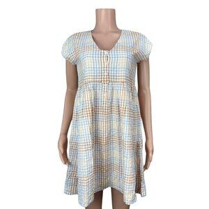 Madewell Womens Mini Dress Size XS Seer Sucker Brown Plaid -V Neck -Half Button